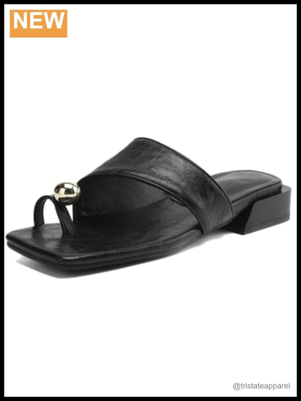 Women's PU Leather Metal Toe Ring Slide Sandal Low Chunky Heel Square Toe